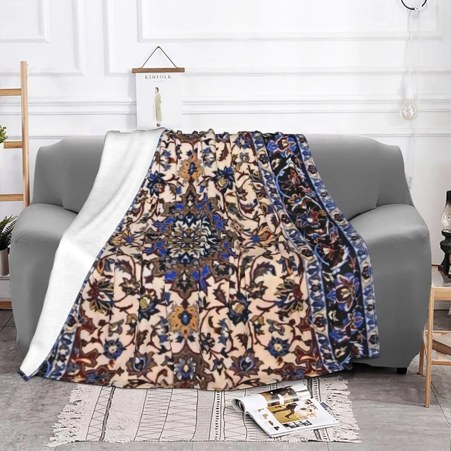 Antique Persian Pattern, Blue Oriental 50"X40" Flannel Blanket - 100% Soft Polyester, Lightweight and Warm, Suitable for Families, Camping, Travel