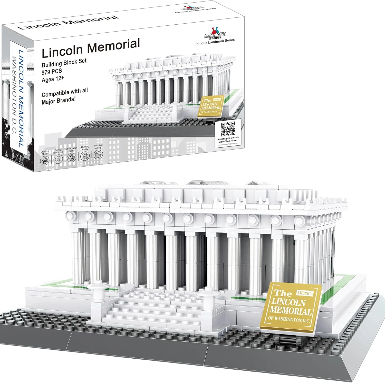 Apostrophe Games Lincoln Memorial Building Block Set (979 Pieces) Washington D.C. Lincoln Memorial Famous Landmark Series - Architecture Model for Kids and Adults