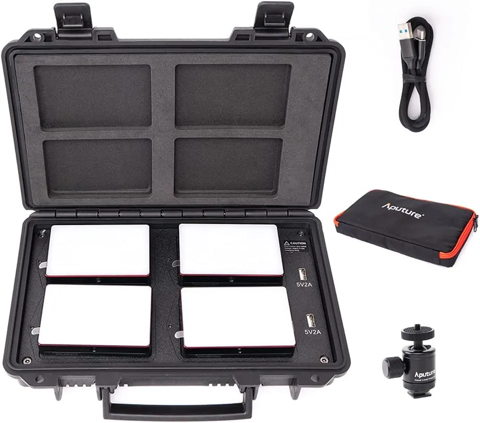 Aputure MC 4-Light Travel Kit, 4 MC RGBWW LED On Camera Lights with Wireless Charge Case CRI/TLCI 96 , Temperature 3200K-6500K, HSI Mode,Support Magnetic Attraction