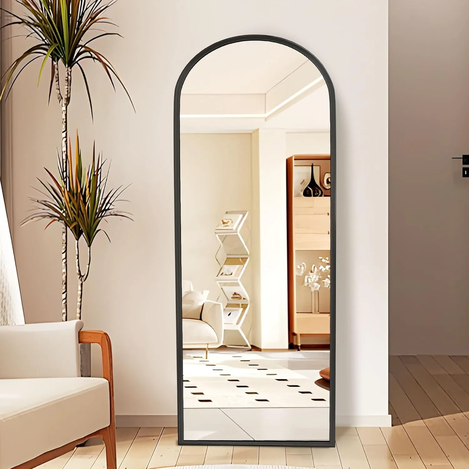 Arched Full Length Mirror with Stand, 56"x18" Full Body Mirror Standing Hanging or Leaning Wall, Arch Wall Mirror with Aluminum Alloy Thin Frame for Bedroom Living Room Black