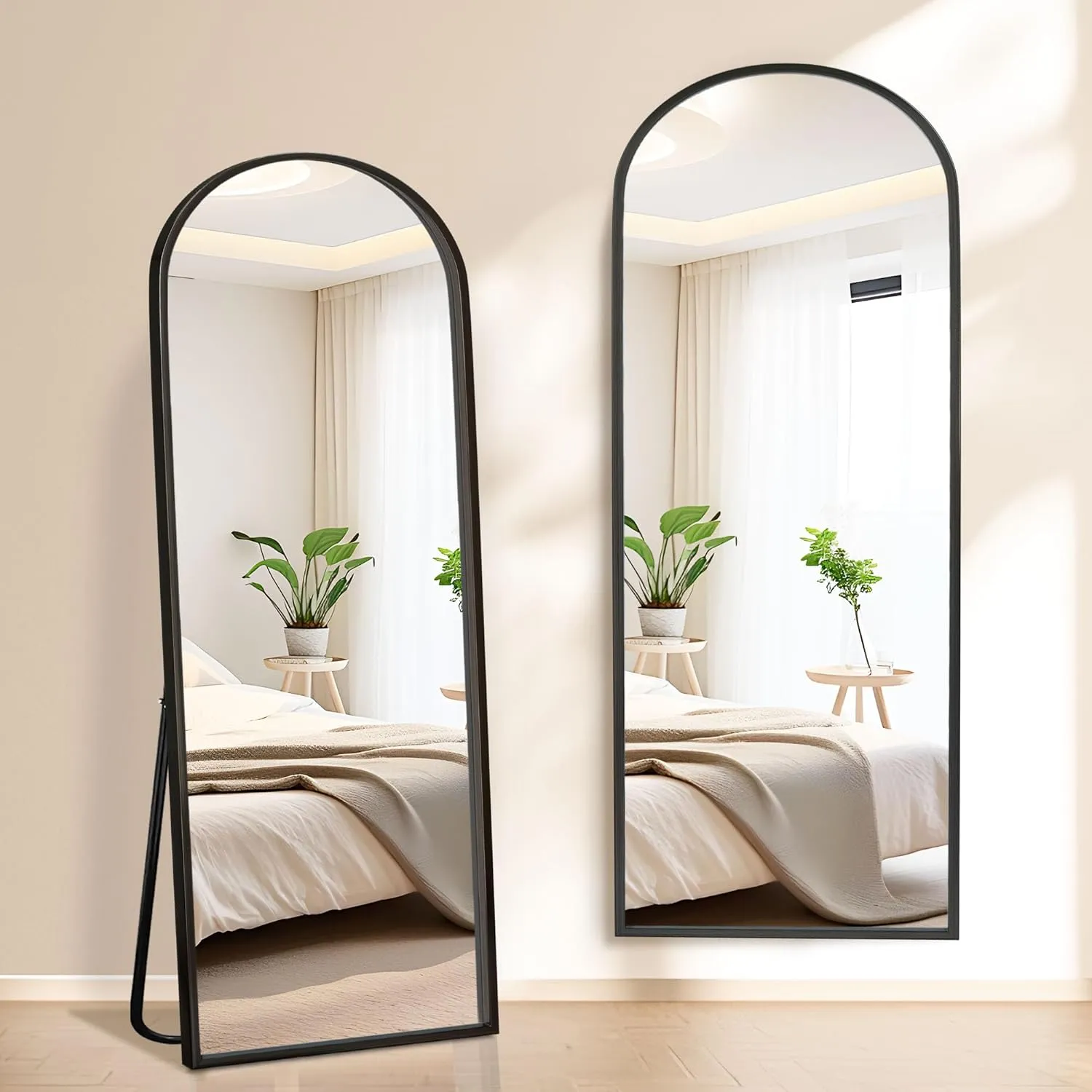 Arched Full Length Mirror with Stand, 56"x18" Full Body Mirror Standing Hanging or Leaning Wall, Arch Wall Mirror with Aluminum Alloy Thin Frame for Bedroom Living Room Black