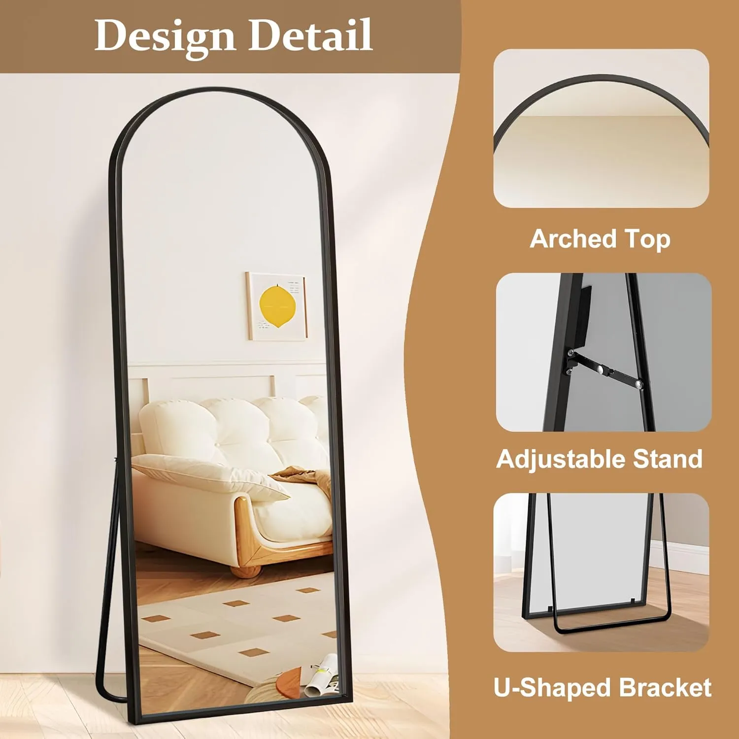 Arched Full Length Mirror with Stand, 56"x18" Full Body Mirror Standing Hanging or Leaning Wall, Arch Wall Mirror with Aluminum Alloy Thin Frame for Bedroom Living Room Black