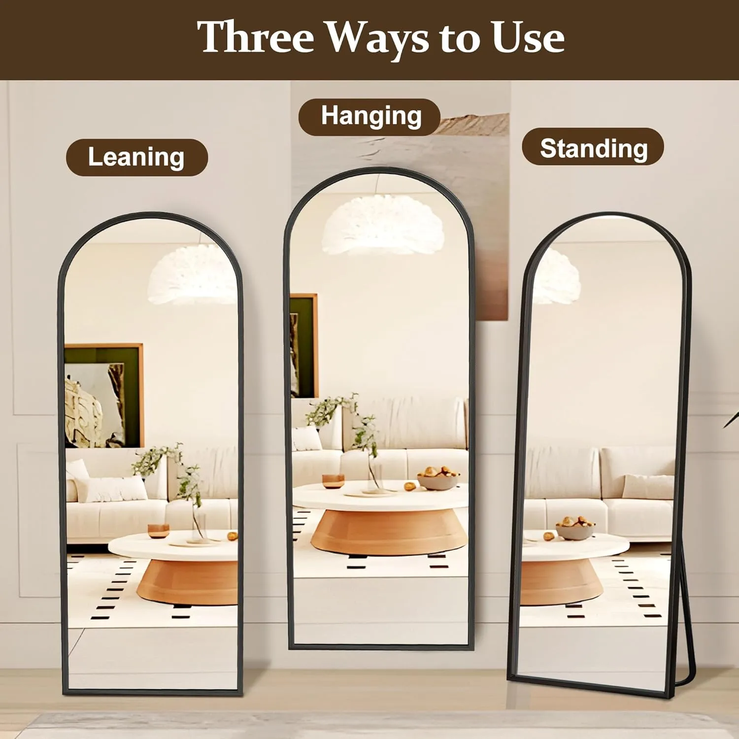 Arched Full Length Mirror with Stand, 56"x18" Full Body Mirror Standing Hanging or Leaning Wall, Arch Wall Mirror with Aluminum Alloy Thin Frame for Bedroom Living Room Black