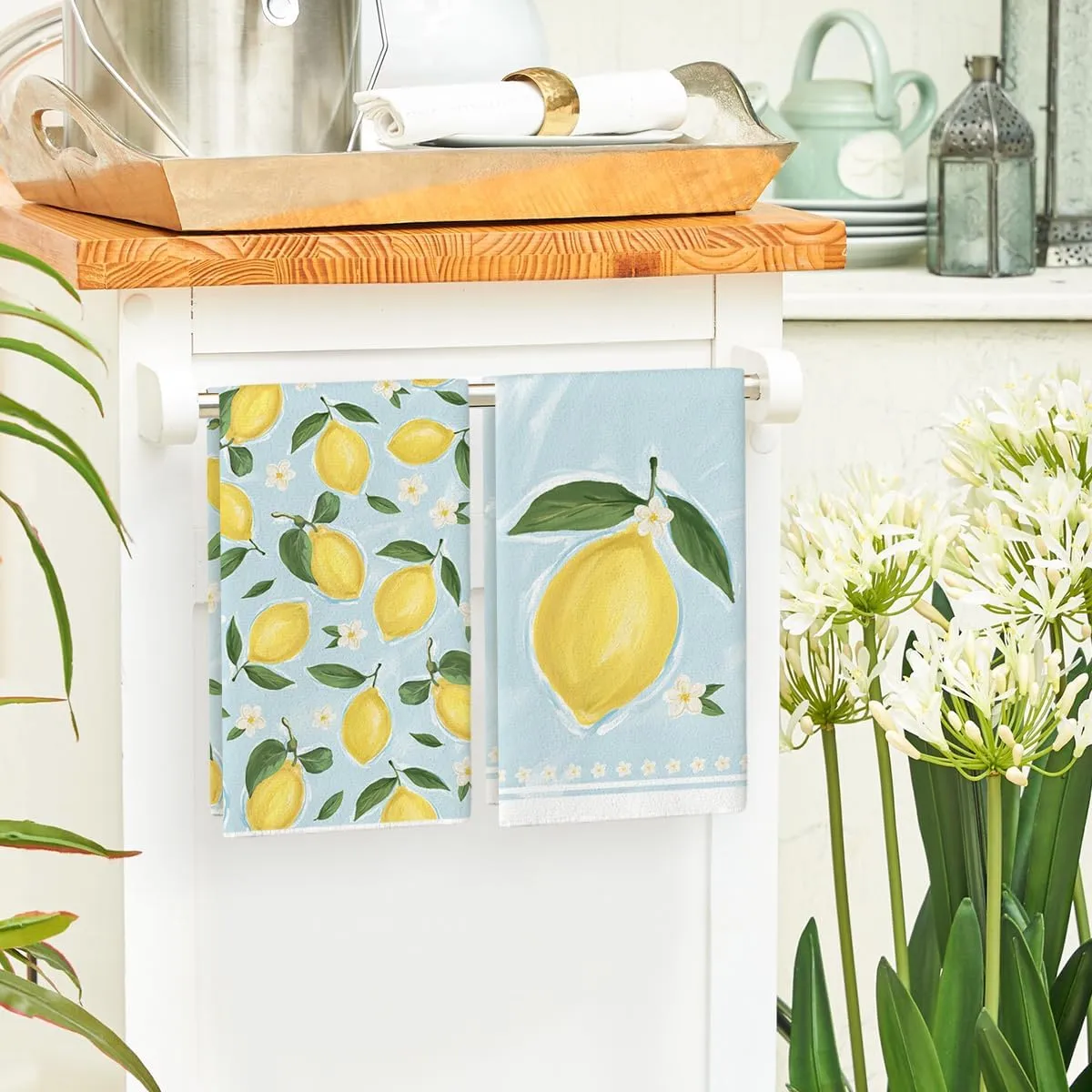 Artoid Mode Lemon Flower Summer Kitchen Towels Dish Towels, 18x26 Inch Seasonal Summer Decoration Hand Towels Set of 2