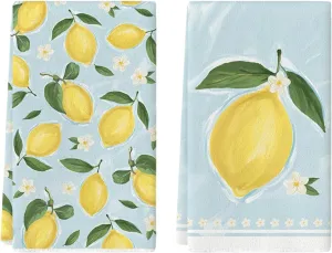 Artoid Mode Lemon Flower Summer Kitchen Towels Dish Towels, 18x26 Inch Seasonal Summer Decoration Hand Towels Set of 2