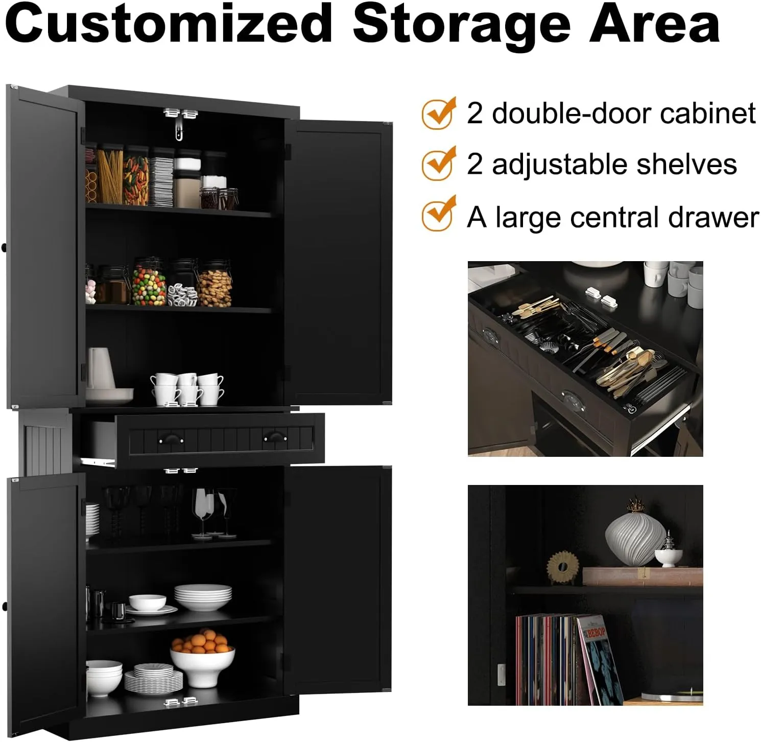 ARTPOWER Kitchen Pantry Storage Cabinet with Drawer and Adjustable Shelves, Pantry Cabinet for Kitchen, Bathroom or Hallway, Black