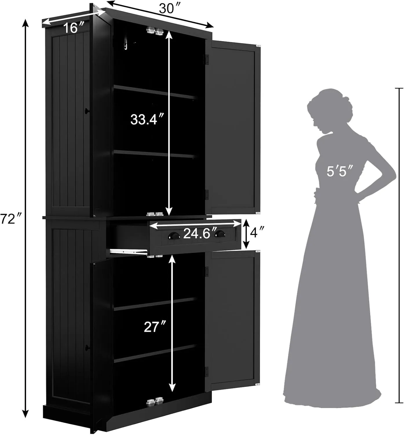 ARTPOWER Kitchen Pantry Storage Cabinet with Drawer and Adjustable Shelves, Pantry Cabinet for Kitchen, Bathroom or Hallway, Black