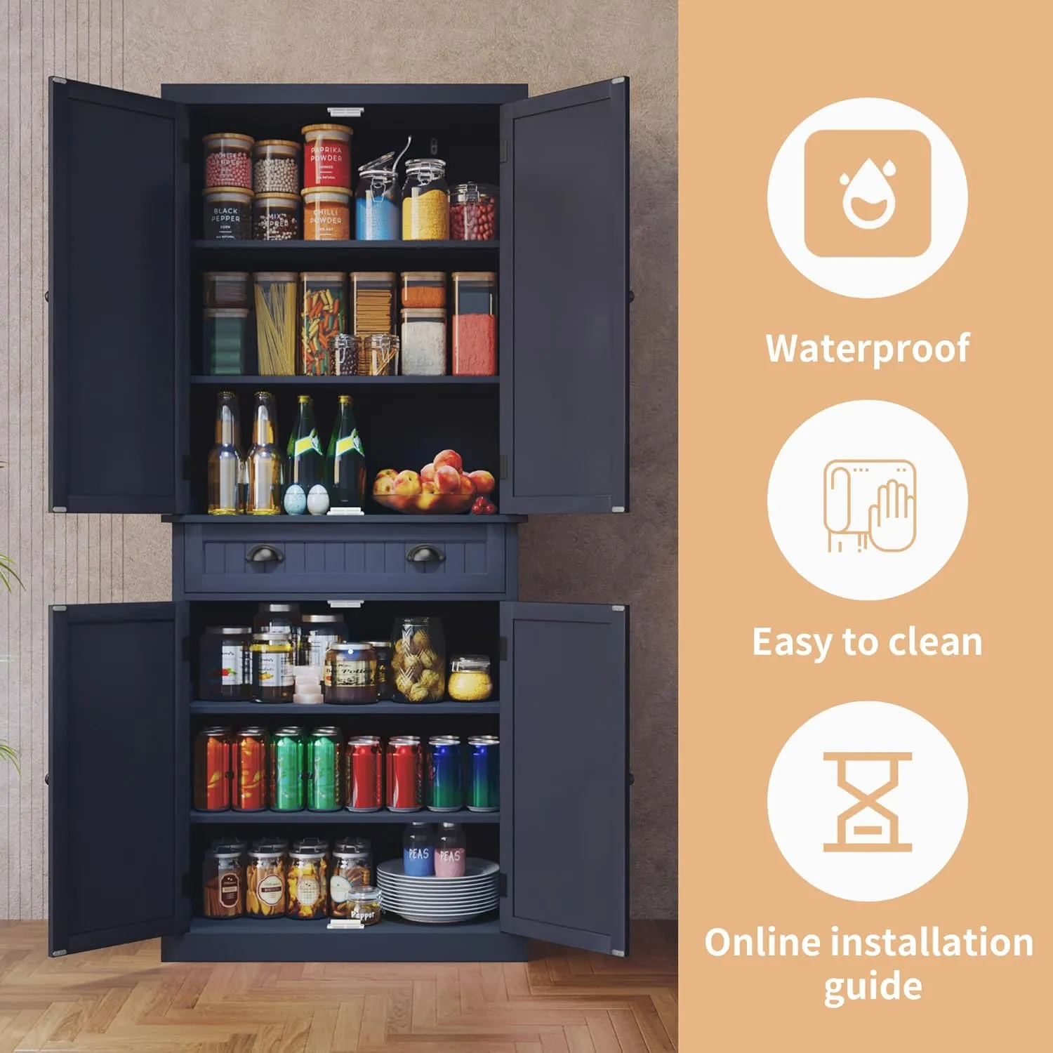 ARTPOWER Kitchen Pantry Storage Cabinet with Drawer and Adjustable Shelves, Pantry Cabinet for Kitchen, Bathroom or Hallway, Blue