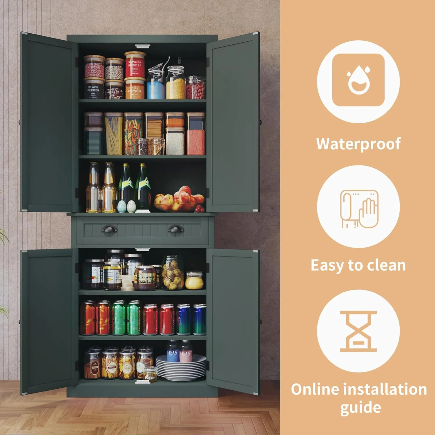 ARTPOWER Kitchen Pantry Storage Cabinet with Drawer and Adjustable Shelves, Pantry Cabinet for Kitchen, Bathroom or Hallway, Green