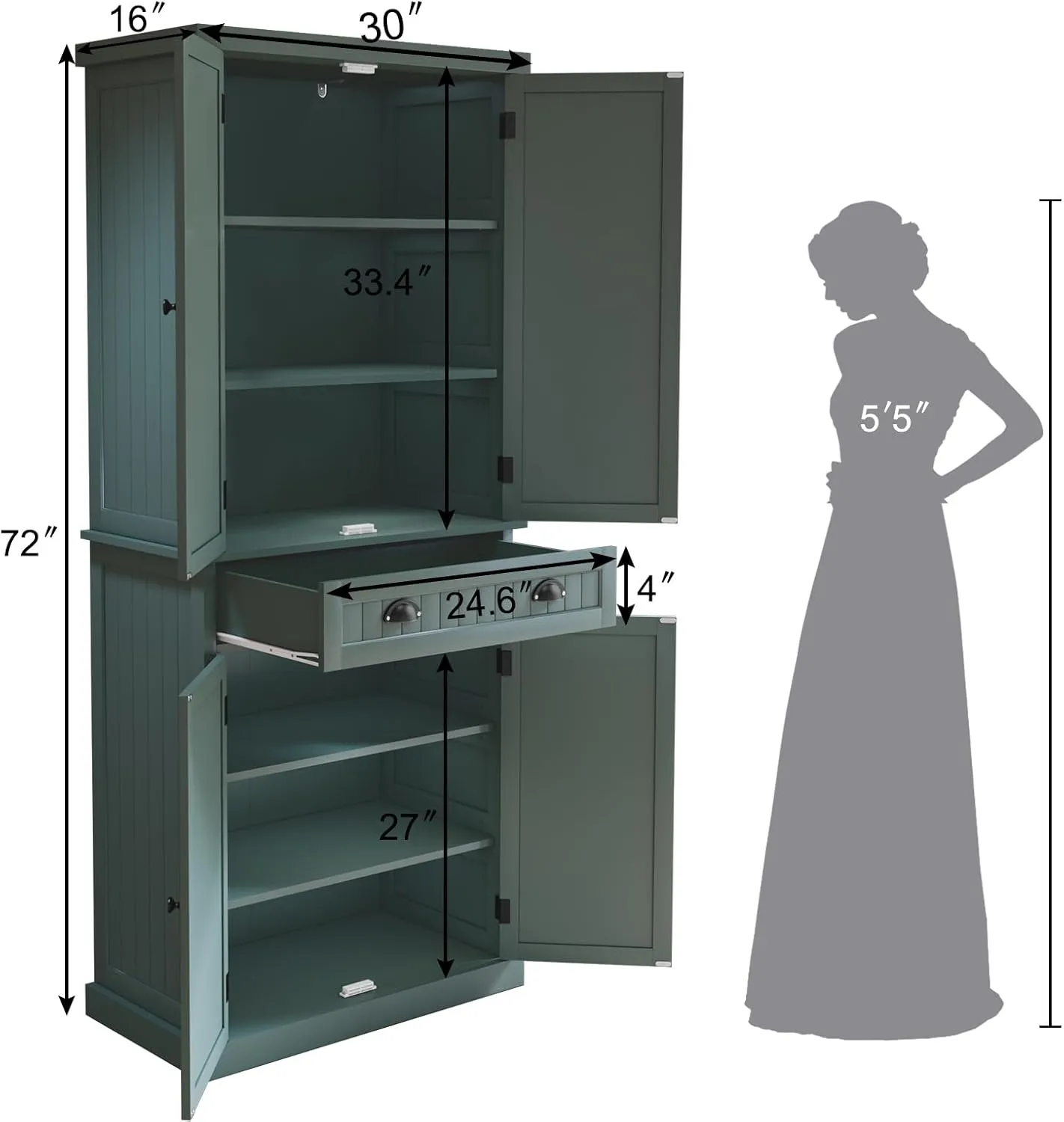 ARTPOWER Kitchen Pantry Storage Cabinet with Drawer and Adjustable Shelves, Pantry Cabinet for Kitchen, Bathroom or Hallway, Green