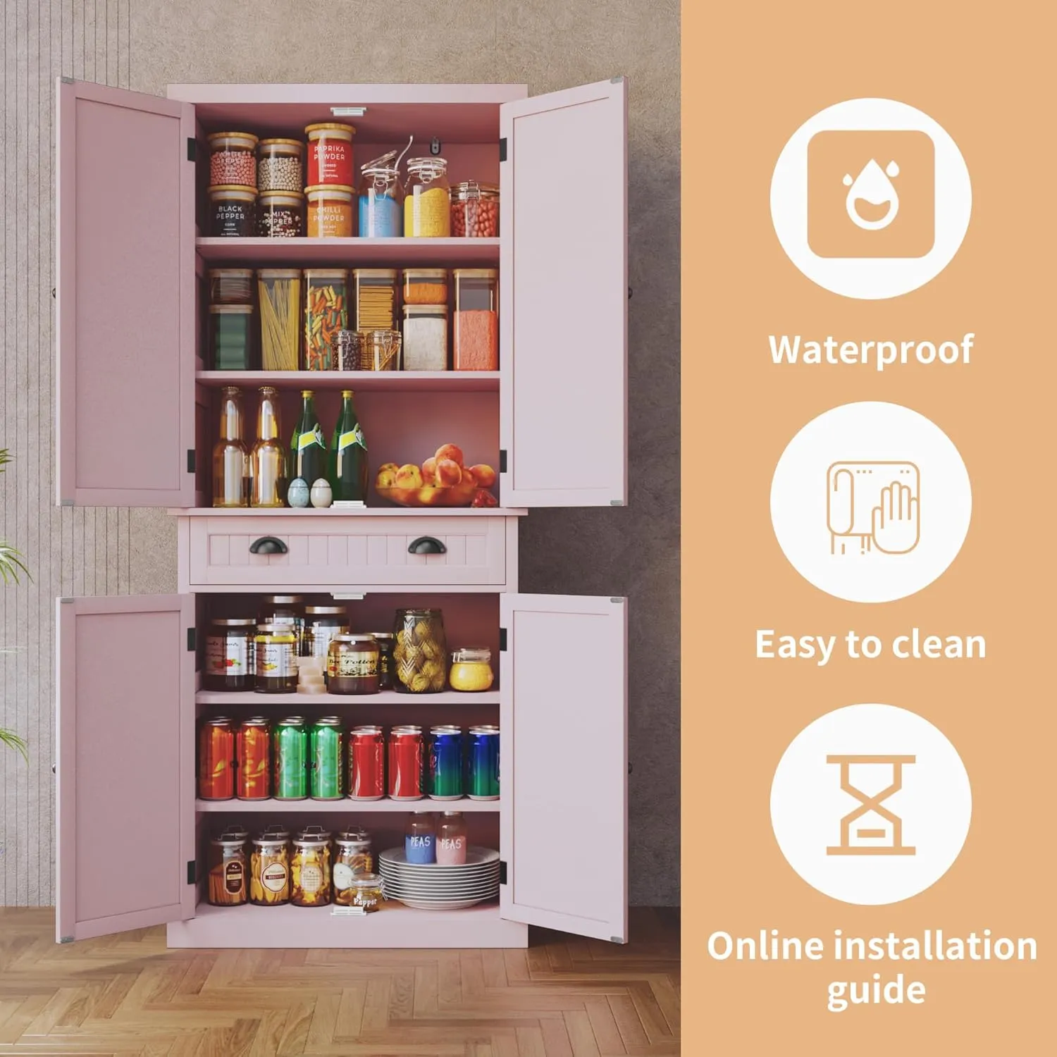 ARTPOWER Kitchen Pantry Storage Cabinet with Drawer and Adjustable Shelves, Pantry Cabinet for Kitchen, Bathroom or Hallway, Pink
