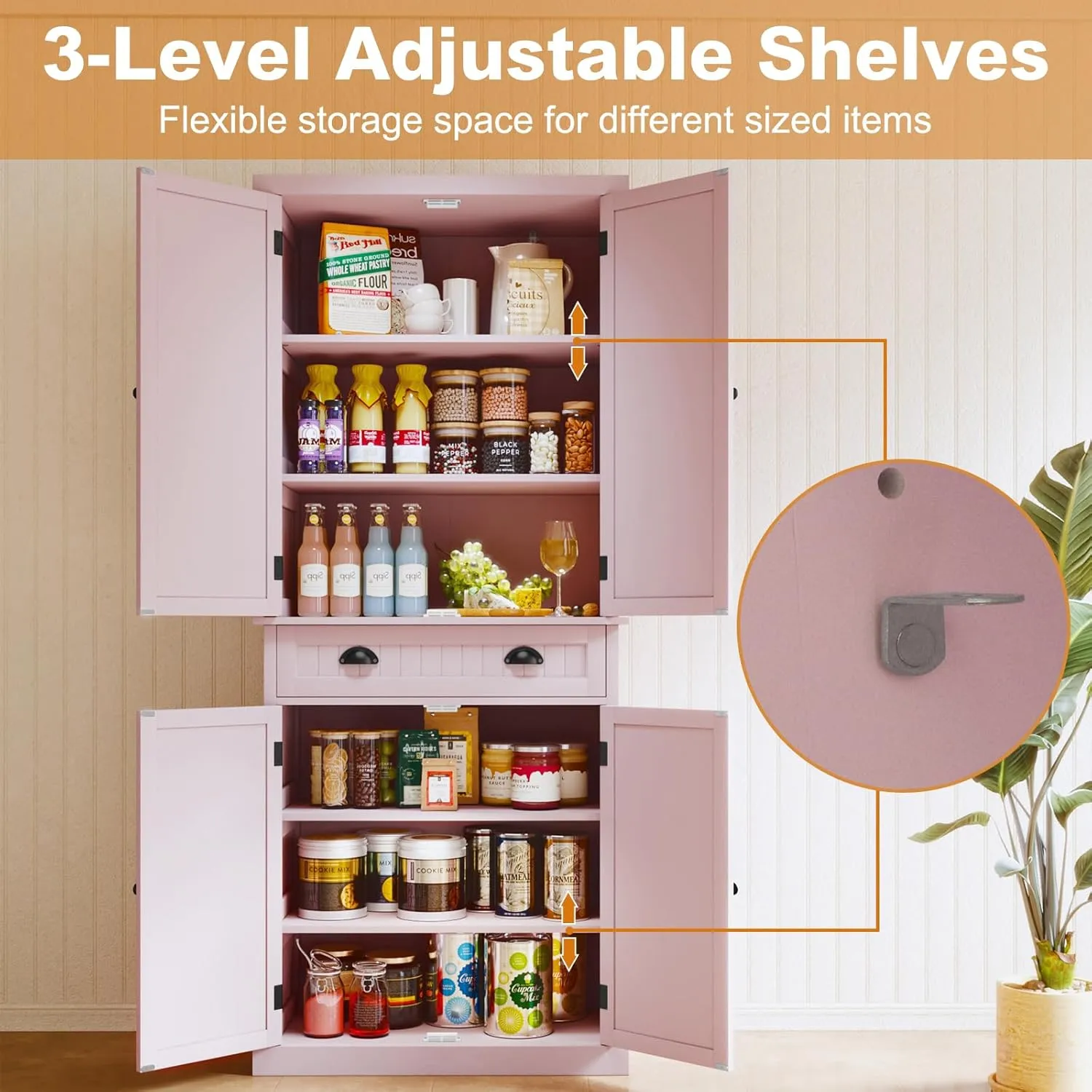 ARTPOWER Kitchen Pantry Storage Cabinet with Drawer and Adjustable Shelves, Pantry Cabinet for Kitchen, Bathroom or Hallway, Pink
