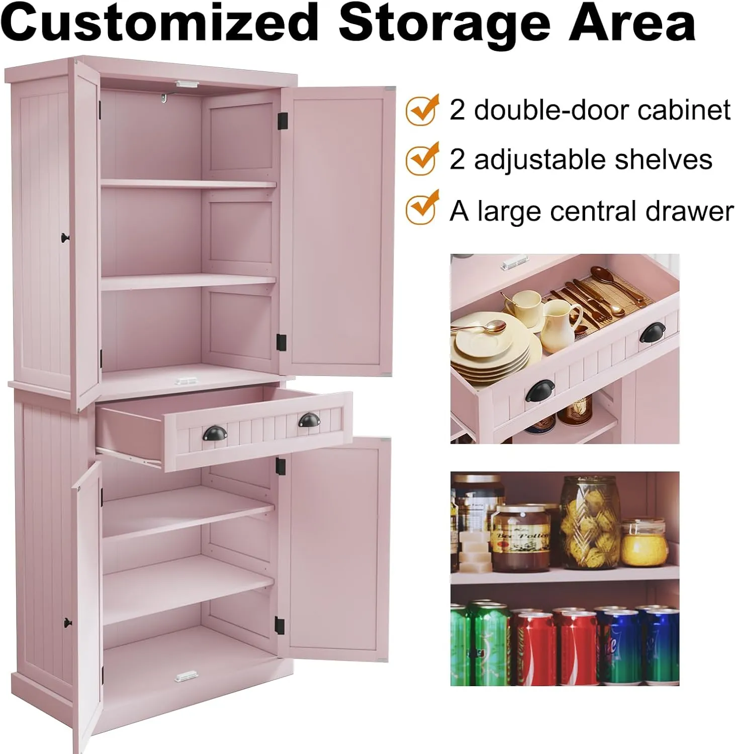 ARTPOWER Kitchen Pantry Storage Cabinet with Drawer and Adjustable Shelves, Pantry Cabinet for Kitchen, Bathroom or Hallway, Pink