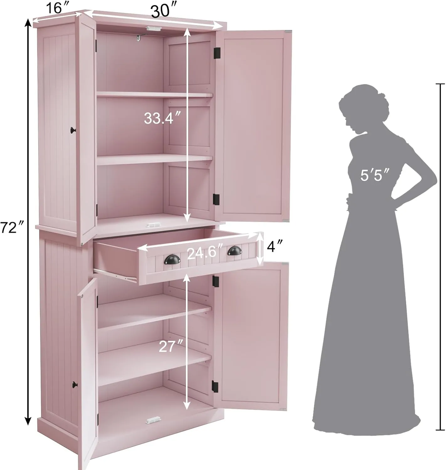 ARTPOWER Kitchen Pantry Storage Cabinet with Drawer and Adjustable Shelves, Pantry Cabinet for Kitchen, Bathroom or Hallway, Pink