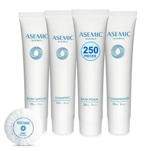 ASEMIC Hotel Collection Kit Contains 250 Pieces Total. 50-1 OZ Tubes of Shampoo, Conditioner, Bath Foam and Body Lotion. 50 Bars of 1oz Soap. Blue Bell Scent.
