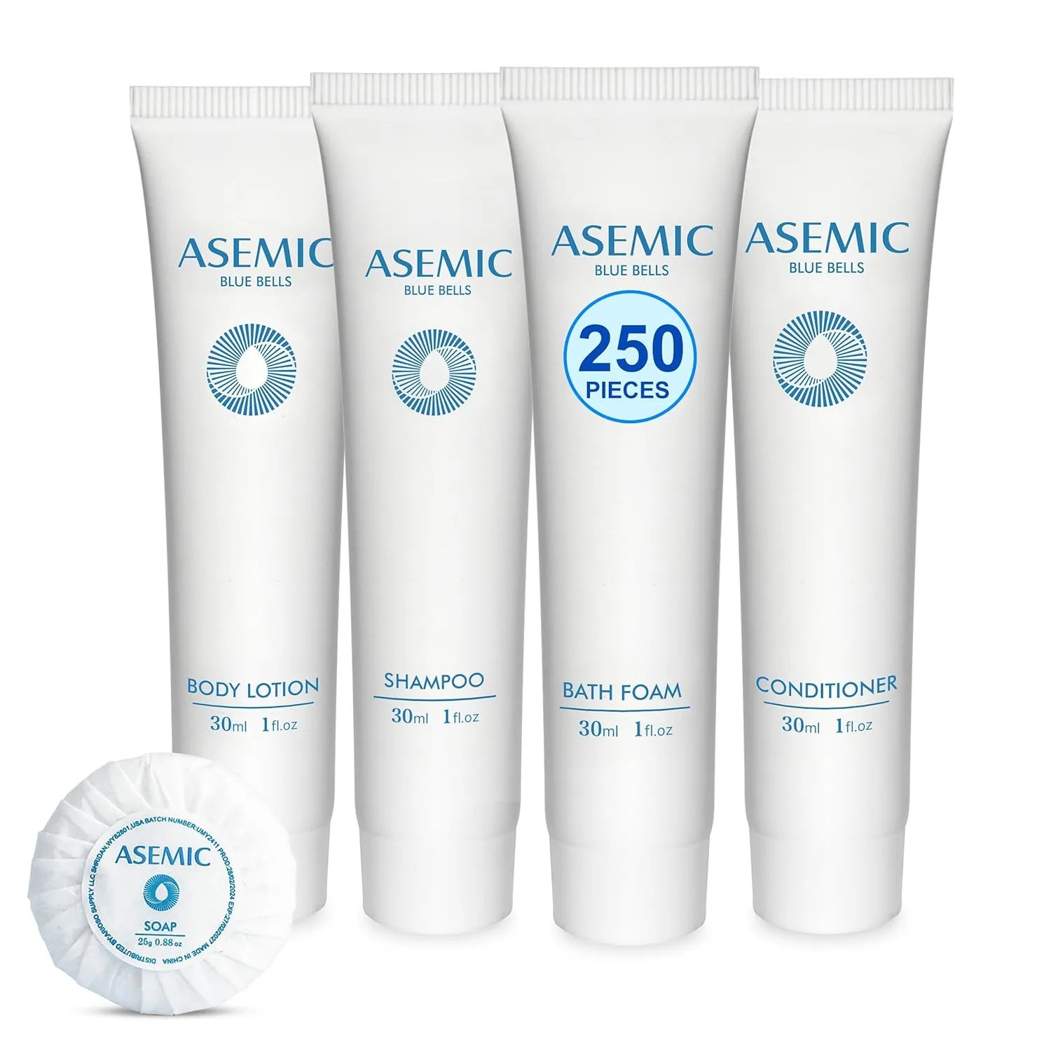 ASEMIC Hotel Collection Kit Contains 250 Pieces Total. 50-1 OZ Tubes of Shampoo, Conditioner, Bath Foam and Body Lotion. 50 Bars of 1oz Soap. Blue Bell Scent.