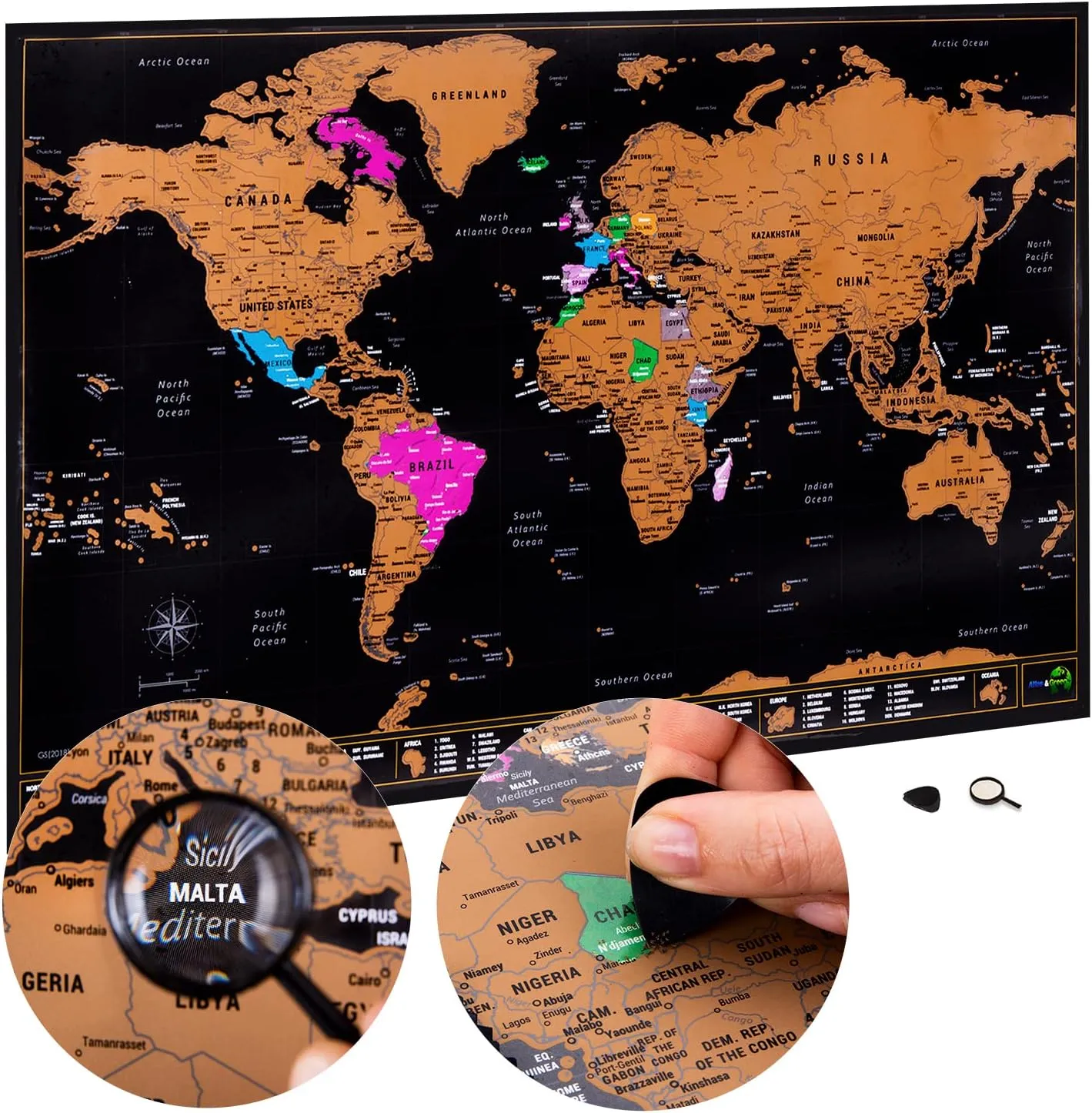 Atlas & Green Scratch Off World Map with all U.S States. Large 28x16.5" Travel Map. Places I've Been Map of the World Poster Scratch Off Map. Scratch Off Map. World Travel Map with Accessories and Gift Tube