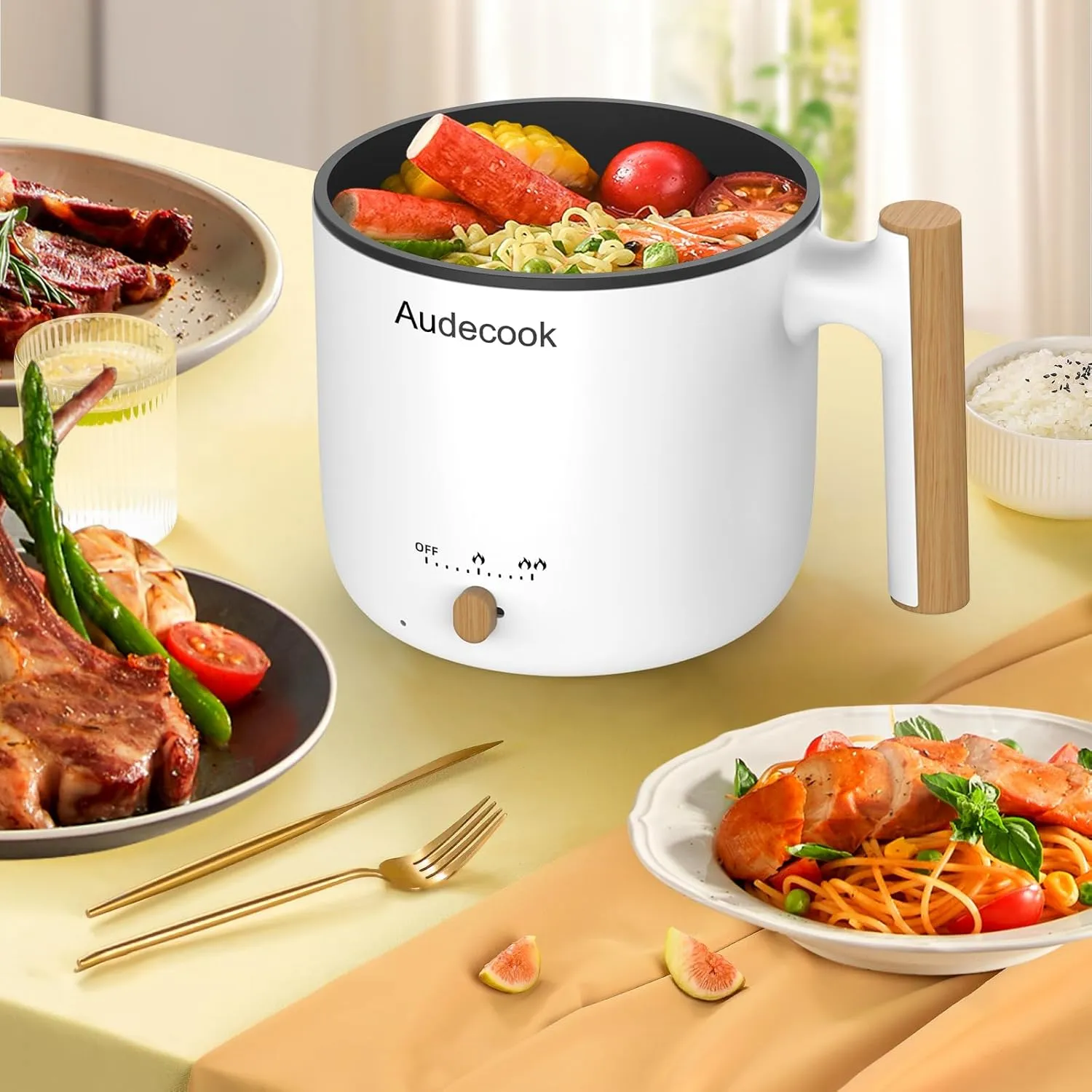 Audecook Hot Pot Electric with Steamer, 1.8L Portable Mini Travel Cooker, Multifunctional Non-Stick Electric Skillet for Stir Fry/Stew/Steam, Perfect for Ramen Noodles/Pasta/Egg/Soup/Oatmeal (White)