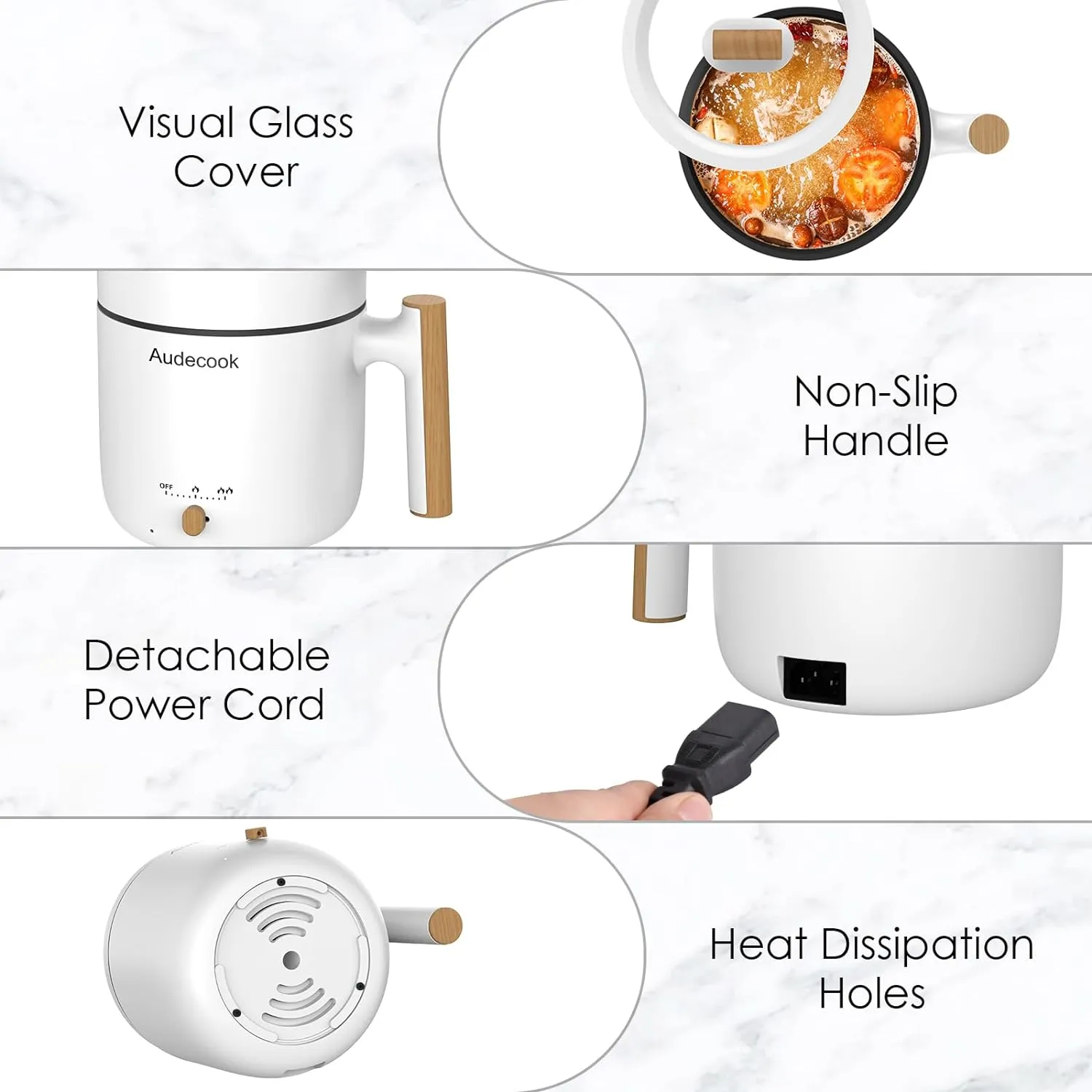 Audecook Hot Pot Electric with Steamer, 1.8L Portable Mini Travel Cooker, Multifunctional Non-Stick Electric Skillet for Stir Fry/Stew/Steam, Perfect for Ramen Noodles/Pasta/Egg/Soup/Oatmeal (White)
