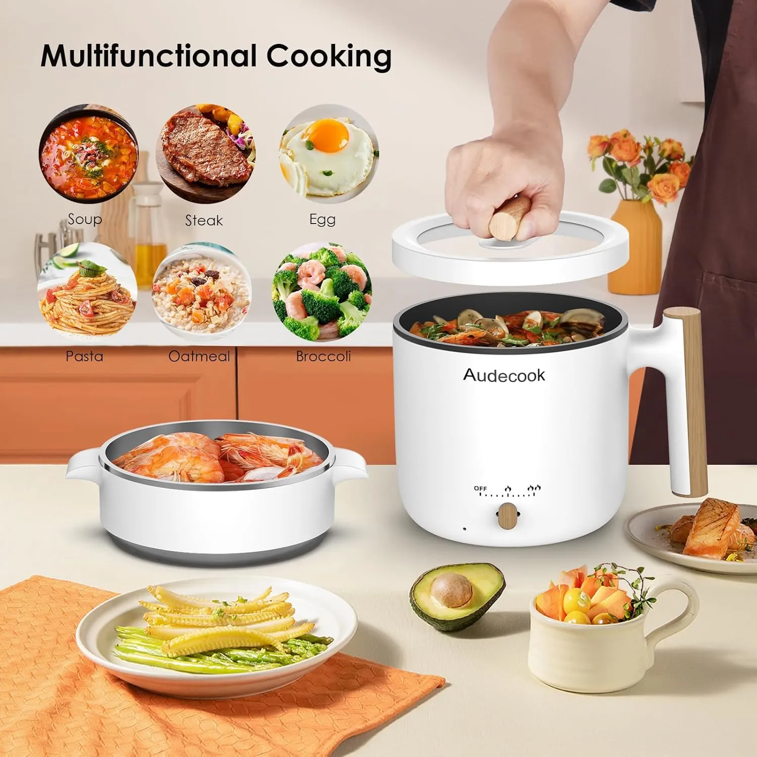 Audecook Hot Pot Electric with Steamer, 1.8L Portable Mini Travel Cooker, Multifunctional Non-Stick Electric Skillet for Stir Fry/Stew/Steam, Perfect for Ramen Noodles/Pasta/Egg/Soup/Oatmeal (White)