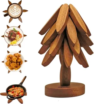 Auto-Folding Trivet Set - 4 Sapele Wood Coasters for 450°F Hot Pots/Pans, Wall-Mountable Kitchen Organizer with Heat-Resistant Stand, Housewarming Gifts for Cooks