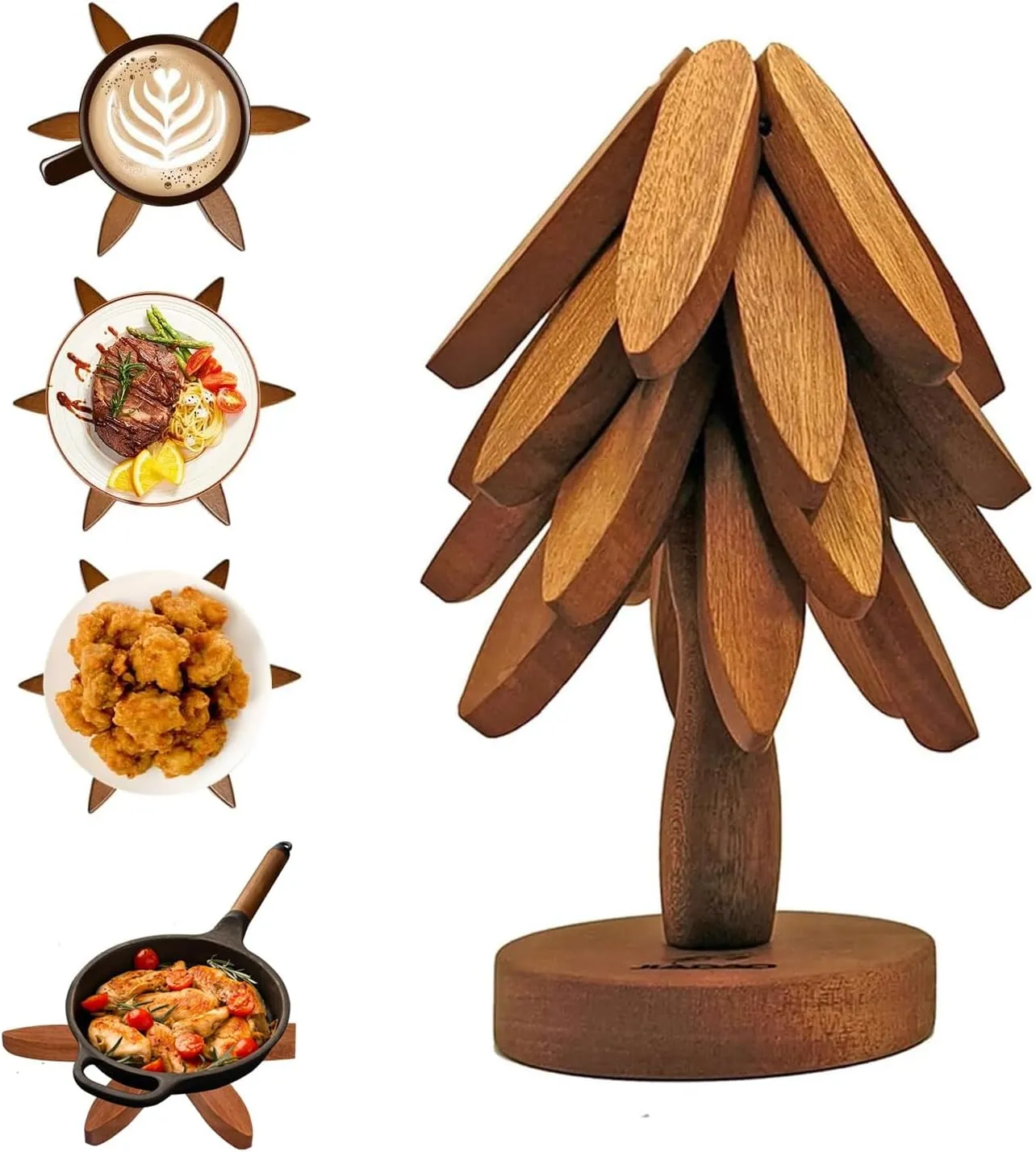 Auto-Folding Trivet Set - 4 Sapele Wood Coasters for 450°F Hot Pots/Pans, Wall-Mountable Kitchen Organizer with Heat-Resistant Stand, Housewarming Gifts for Cooks