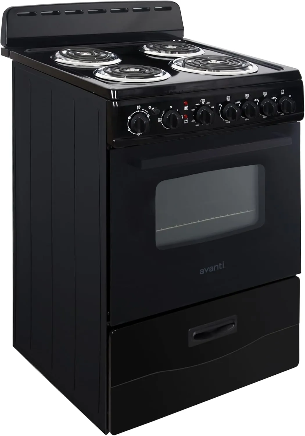 Avanti ERU240P1B Electric Range Oven Compact Design, 2.6-Cu.Ft. Capacity with 4 Coil Burners, Framed Glass Door, Storage Drawer and Broiler with Pan Perfect for Apartment RV Tiny Home, 24-Inch, Black