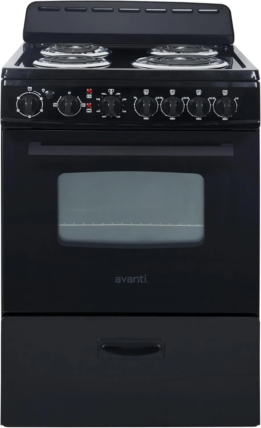 Avanti ERU240P1B Electric Range Oven Compact Design, 2.6-Cu.Ft. Capacity with 4 Coil Burners, Framed Glass Door, Storage Drawer and Broiler with Pan Perfect for Apartment RV Tiny Home, 24-Inch, Black