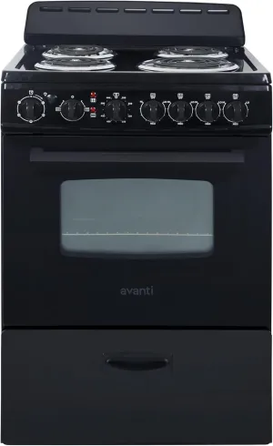 Avanti ERU240P1B Electric Range Oven Compact Design, 2.6-Cu.Ft. Capacity with 4 Coil Burners, Framed Glass Door, Storage Drawer and Broiler with Pan Perfect for Apartment RV Tiny Home, 24-Inch, Black