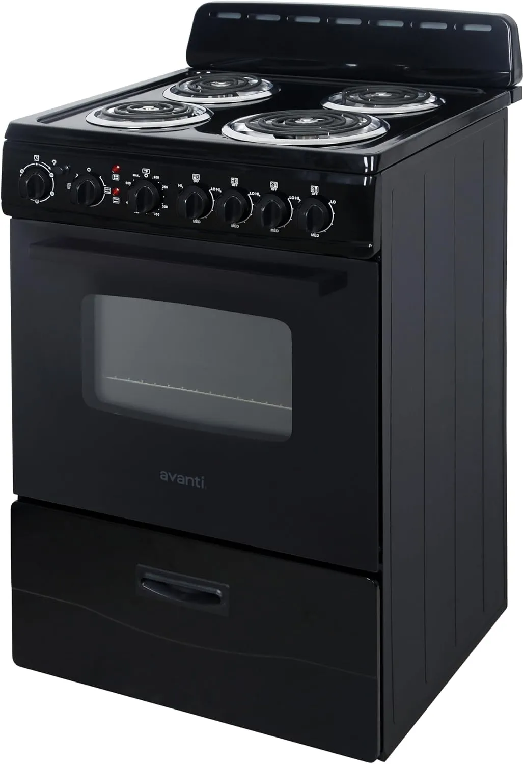 Avanti ERU240P1B Electric Range Oven Compact Design, 2.6-Cu.Ft. Capacity with 4 Coil Burners, Framed Glass Door, Storage Drawer and Broiler with Pan Perfect for Apartment RV Tiny Home, 24-Inch, Black