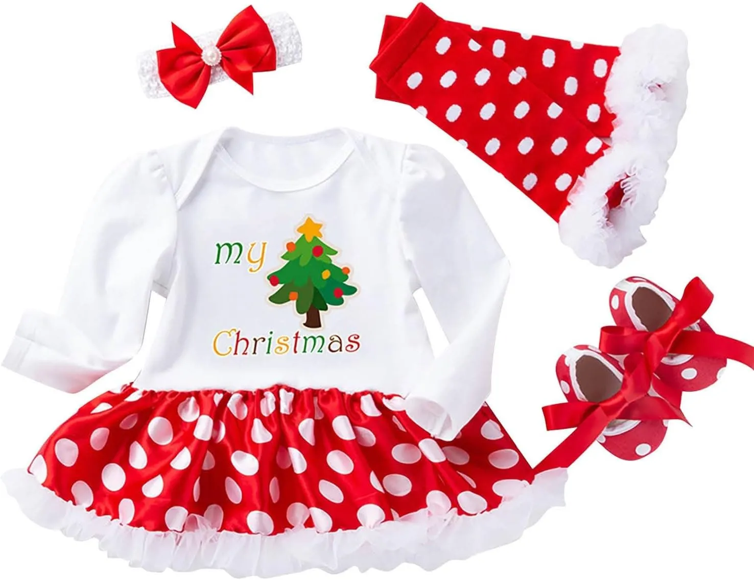 Baby Girl My First Christmas Outfit 4PCS Newborn Tutu Romper Dress Headband Leg Warmer Shoes Holiday Xmas