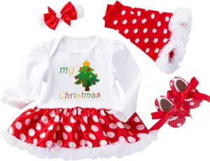 Baby Girl My First Christmas Outfit 4PCS Newborn Tutu Romper Dress Headband Leg Warmer Shoes Holiday Xmas