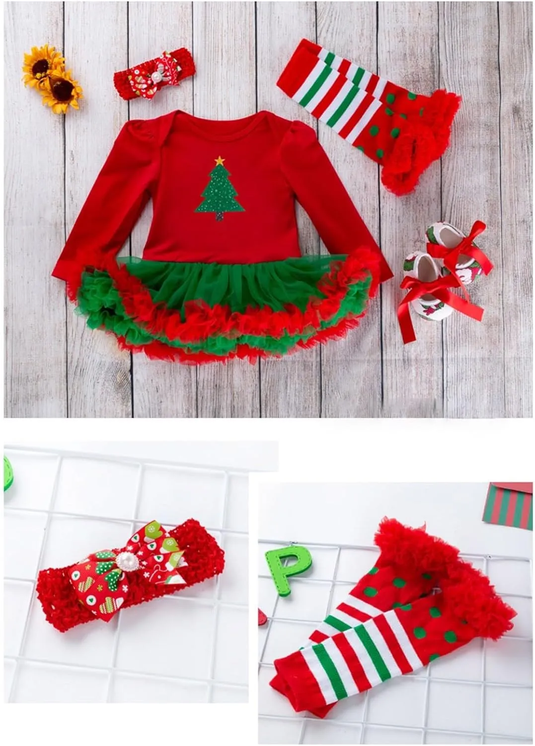 Baby Girls My First Christmas Outfits Ruffle Romper Tutu Dress Headband Leg Warmer Shoes 4Pcs Newborn Xmas