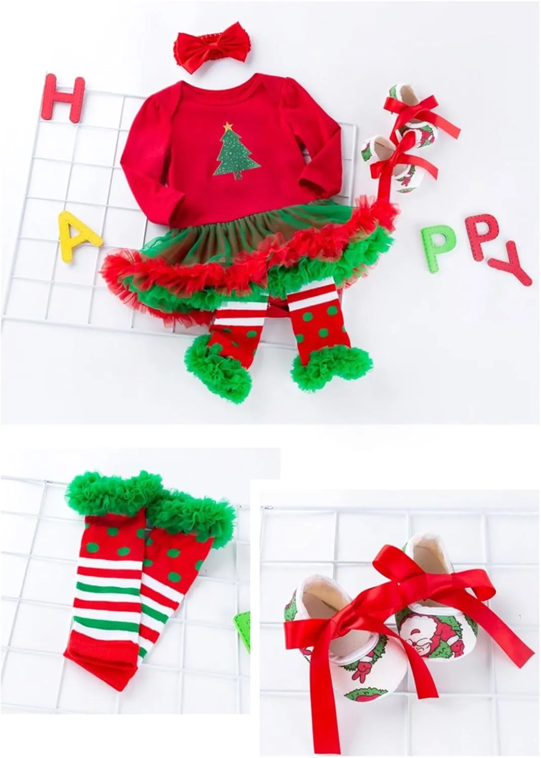 Baby Girls My First Christmas Outfits Ruffle Romper Tutu Dress Headband Leg Warmer Shoes 4Pcs Newborn Xmas
