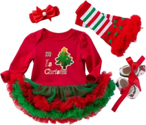 Baby Girls My First Christmas Outfits Ruffle Romper Tutu Dress Headband Leg Warmer Shoes 4Pcs Newborn Xmas