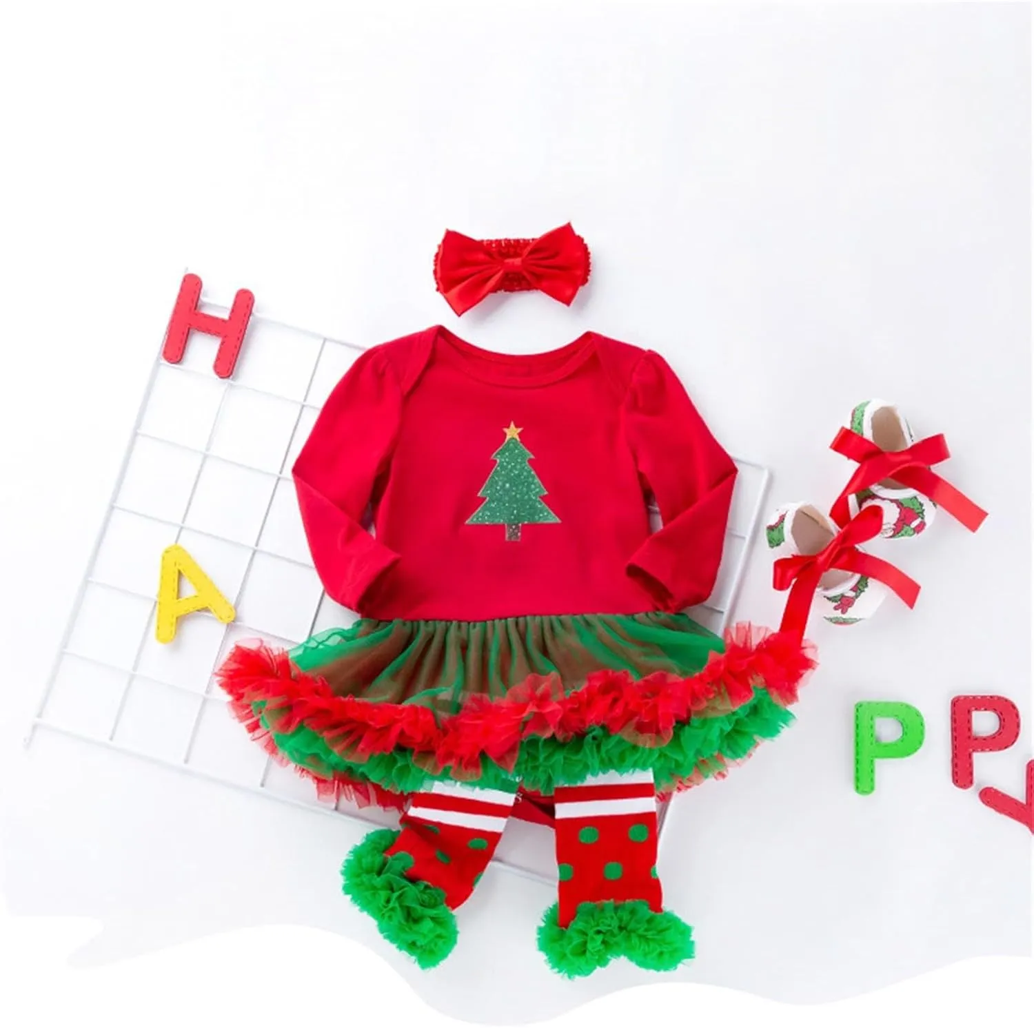 Baby Girls My First Christmas Outfits Ruffle Romper Tutu Dress Headband Leg Warmer Shoes 4Pcs Newborn Xmas