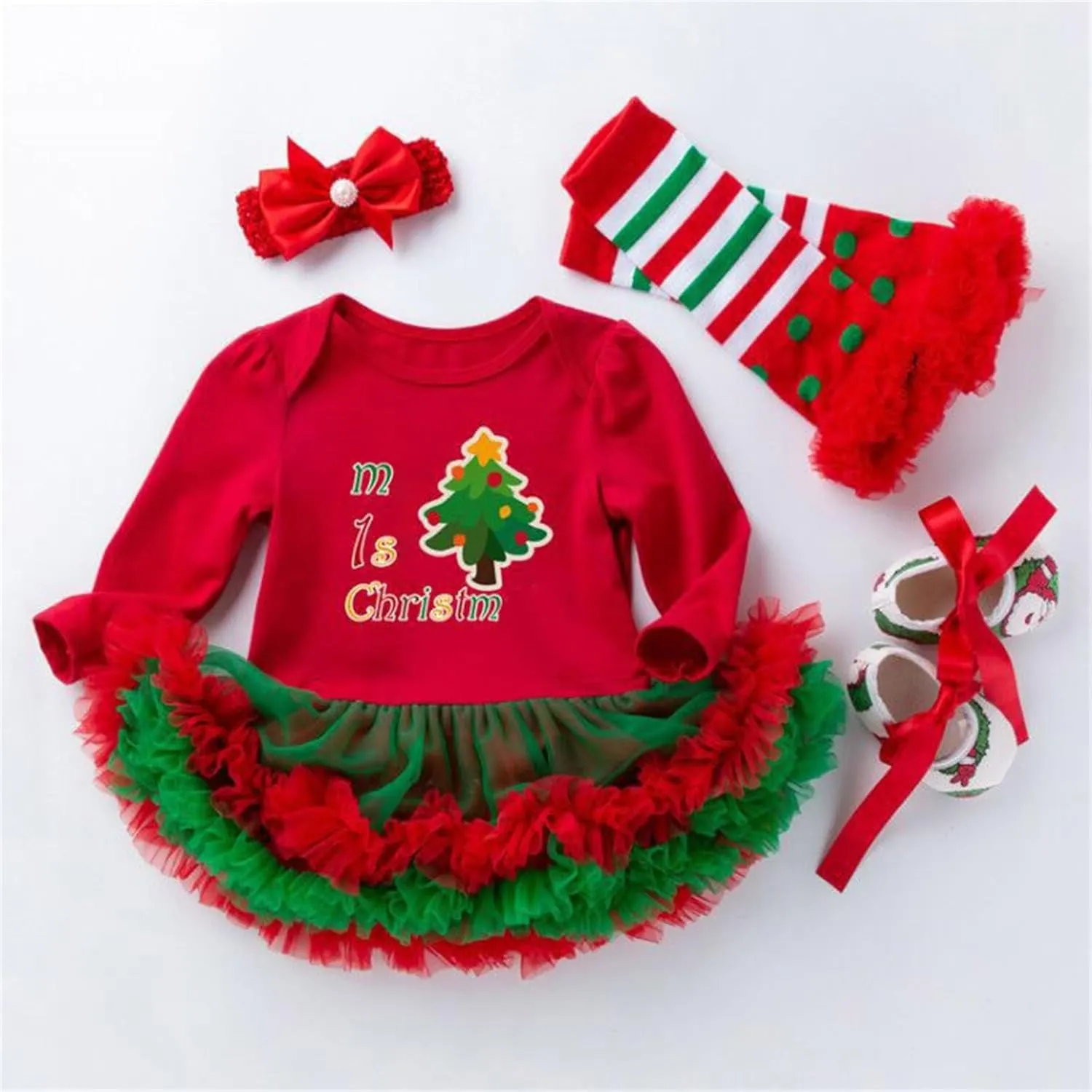 Baby Girls My First Christmas Outfits Ruffle Romper Tutu Dress Headband Leg Warmer Shoes 4Pcs Newborn Xmas