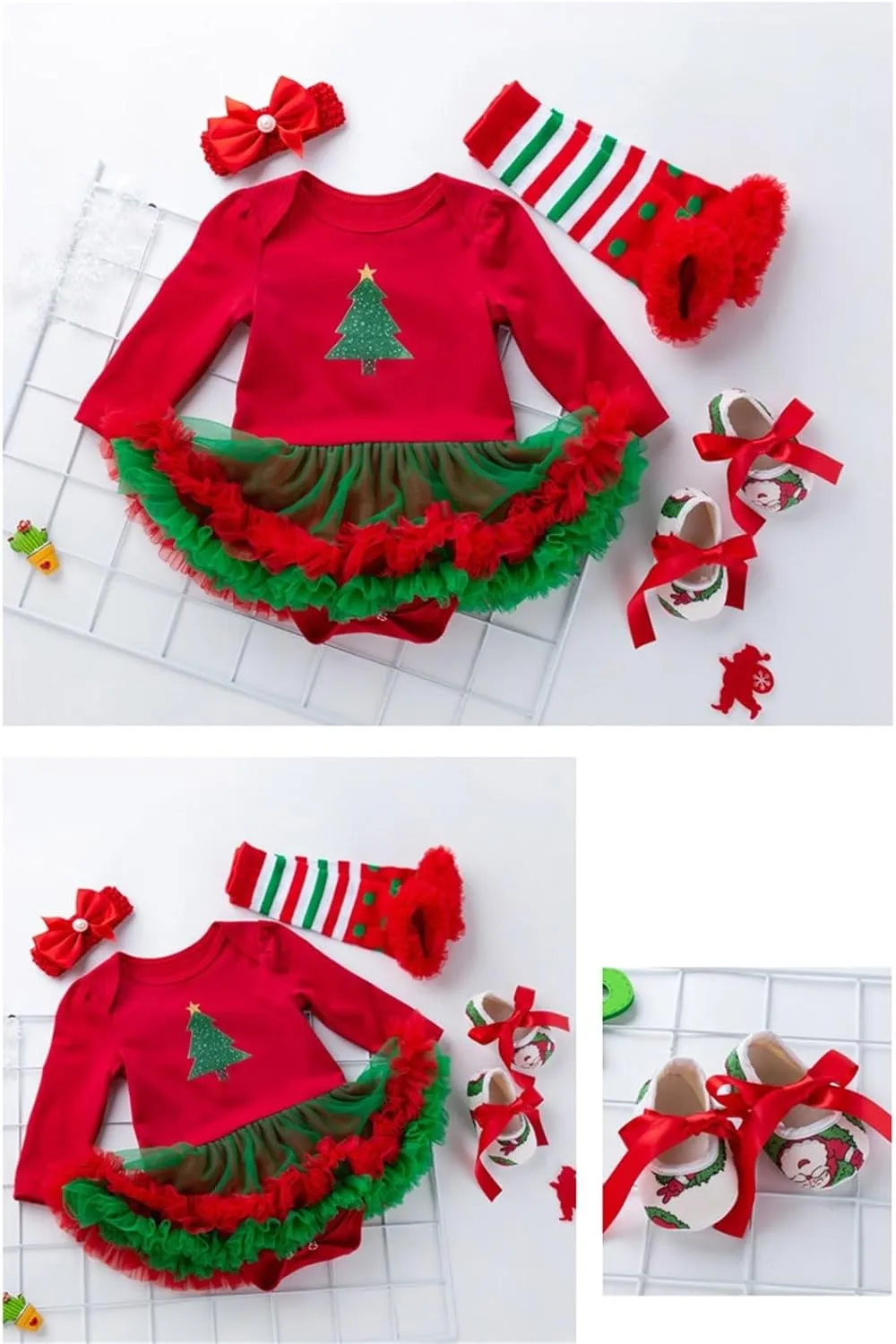 Baby Girls My First Christmas Outfits Ruffle Romper Tutu Dress Headband Leg Warmer Shoes 4Pcs Newborn Xmas
