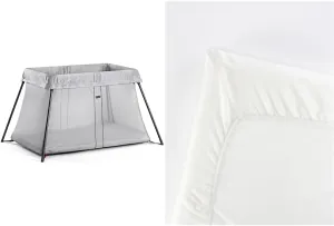 BabyBjörn Travel Crib Light, Silver with Fitted Sheet for Travel Crib Light - Organic White