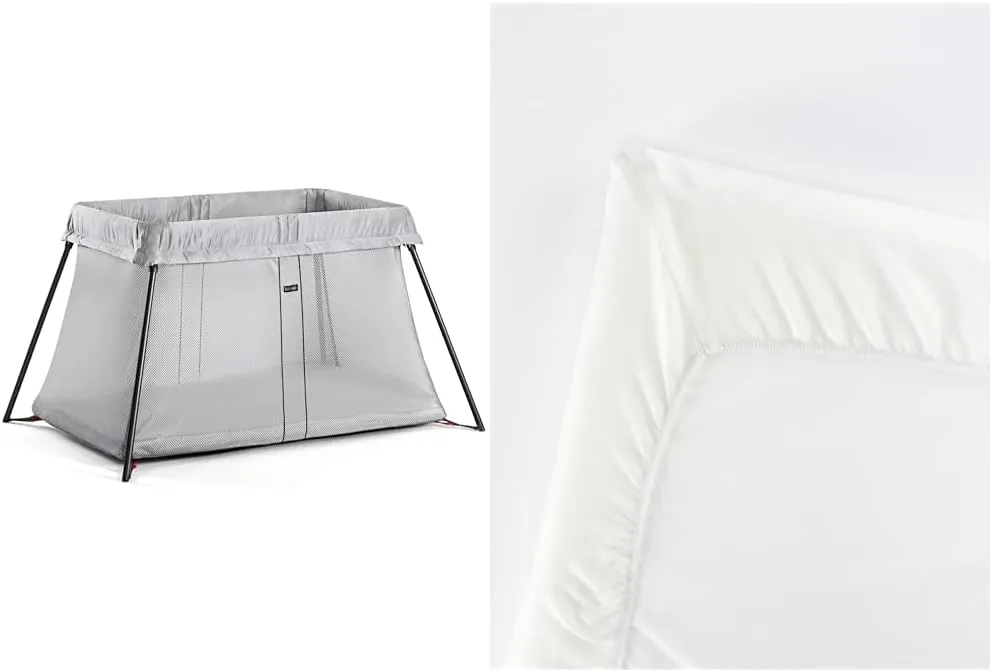 BabyBjörn Travel Crib Light, Silver with Fitted Sheet for Travel Crib Light - Organic White