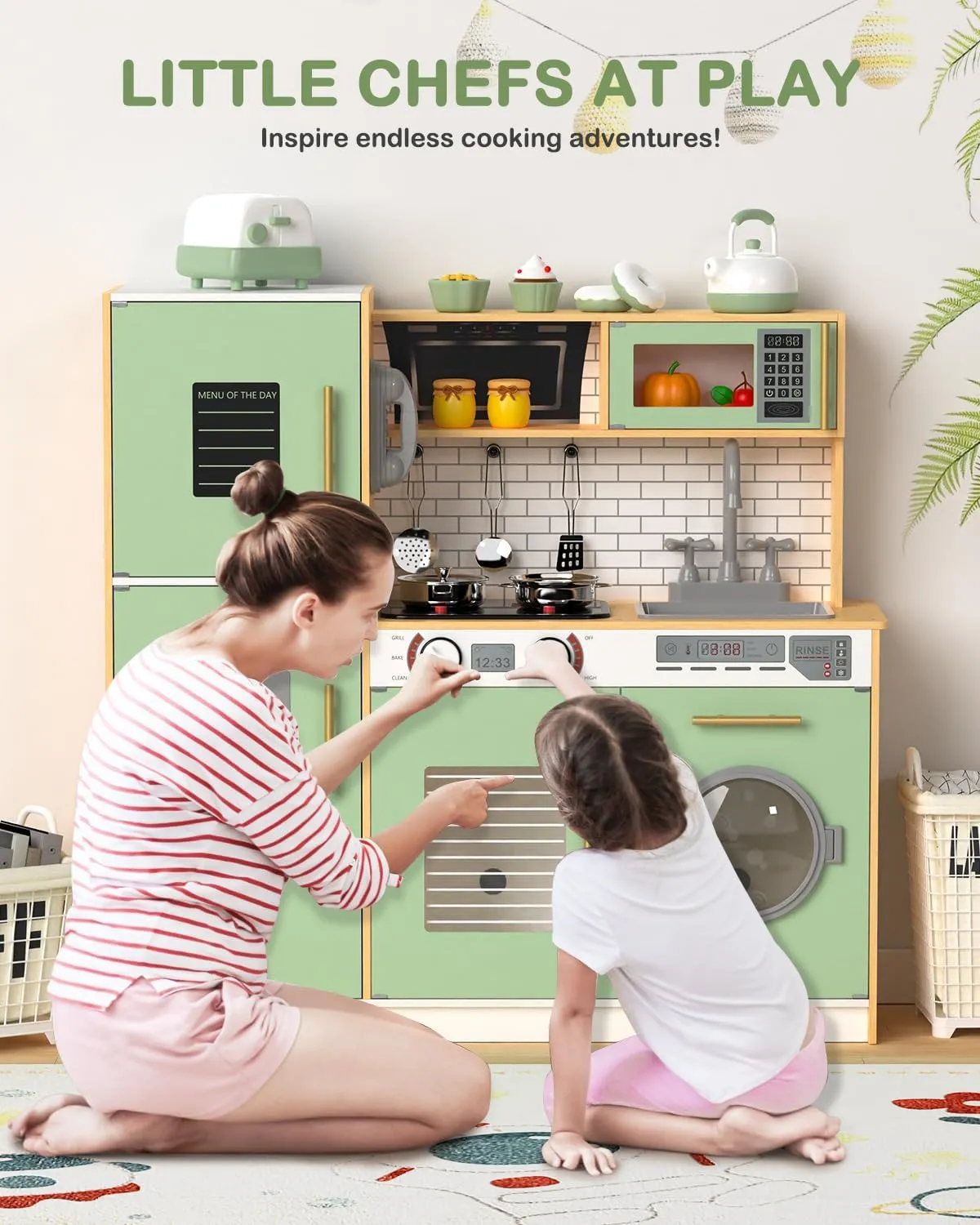 Babytronic Wooden Kitchen Playset for Kids, Interactive Play Kitchen with Lights & Sounds, Children Pretend Toy Kitchen Set with Faucet, Oven, Microwave, Kitchenware for Toddlers Ages 3  (Green&Wood)