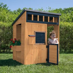 Backyard Discovery Caraway Cottage Cedar Wooden Kids Playhouse with Play Kitchen, Chalkboard, Mailbox, Half Door, Windows, Flower Box, Modern Farmhouse Design for Outdoor Imaginative Play