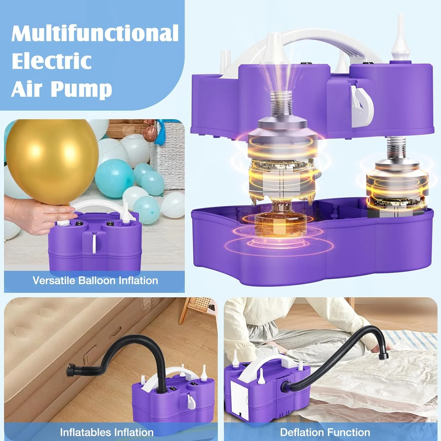 Balloon Pump Electric, 3-in-1 Portable Air Pump for Balloons and Inflatables, Fast Inflator Deflator for Pool Floats, Air Mattress, Birthday Party Decorations