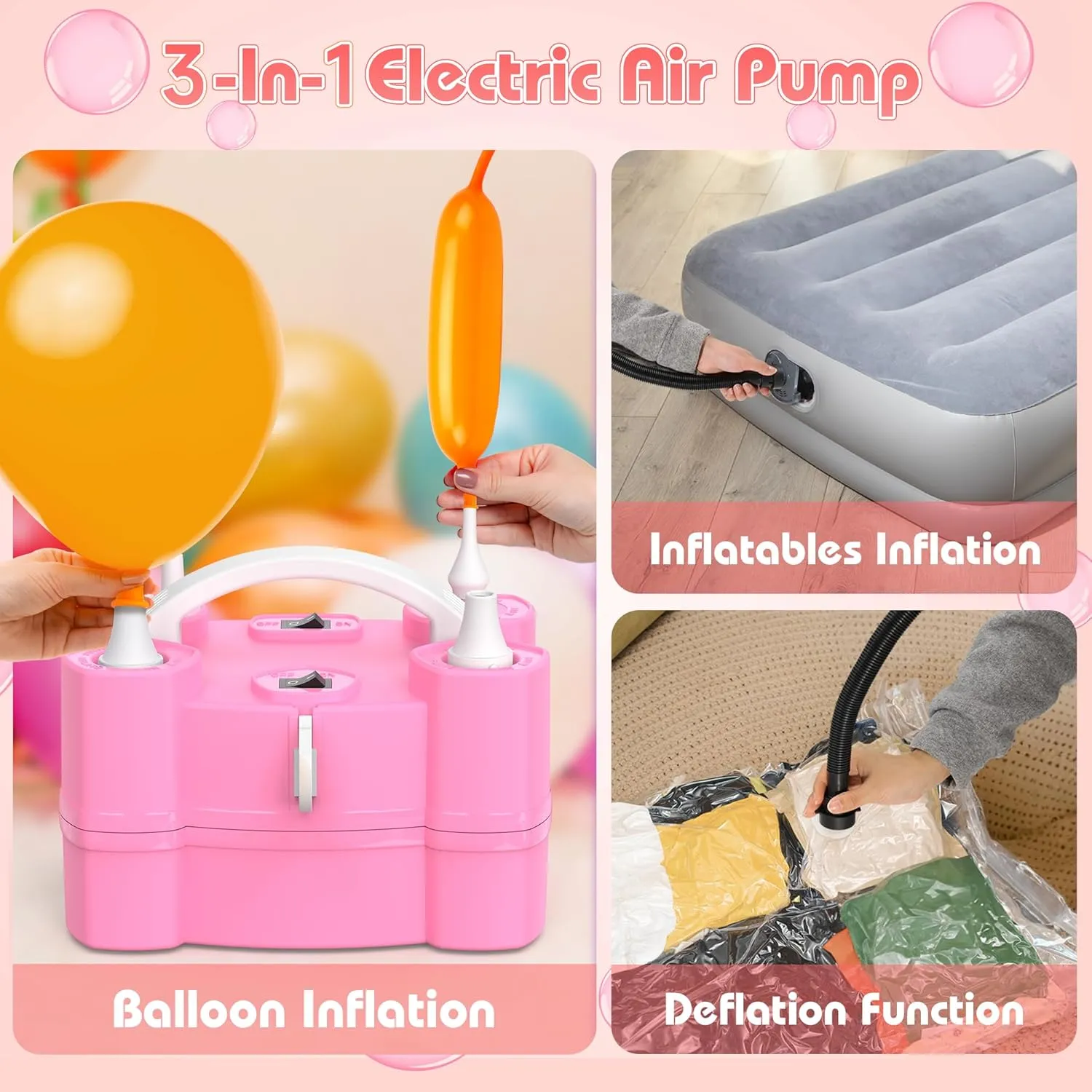 Balloon Pump, Triple Inflating Ports for 260q Foil Latex Mylar Balloon, 3-in-1 Electric Air Pump for Inflatables and Balloons, Inflator Deflator for Swimming Rings Air Mattress Pool Floats