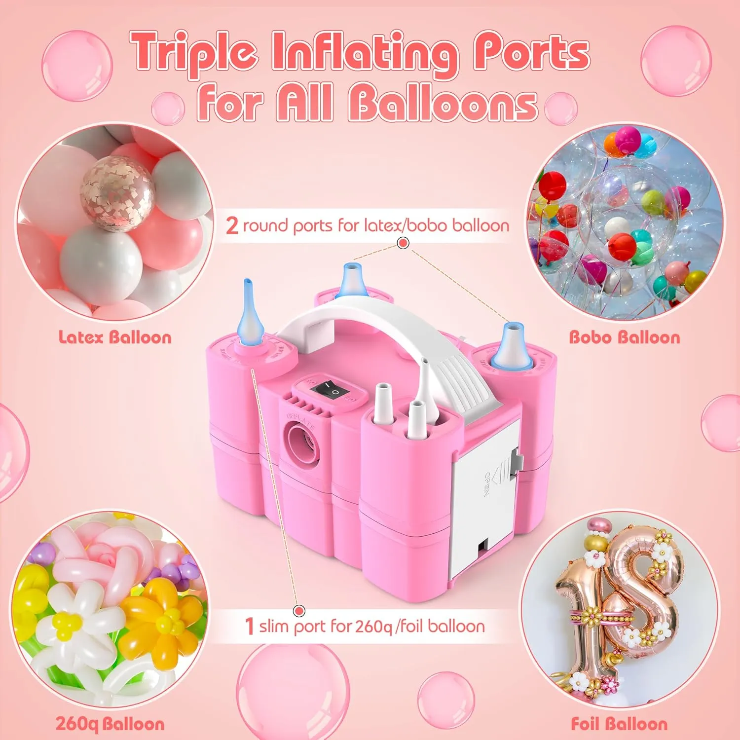 Balloon Pump, Triple Inflating Ports for 260q Foil Latex Mylar Balloon, 3-in-1 Electric Air Pump for Inflatables and Balloons, Inflator Deflator for Swimming Rings Air Mattress Pool Floats