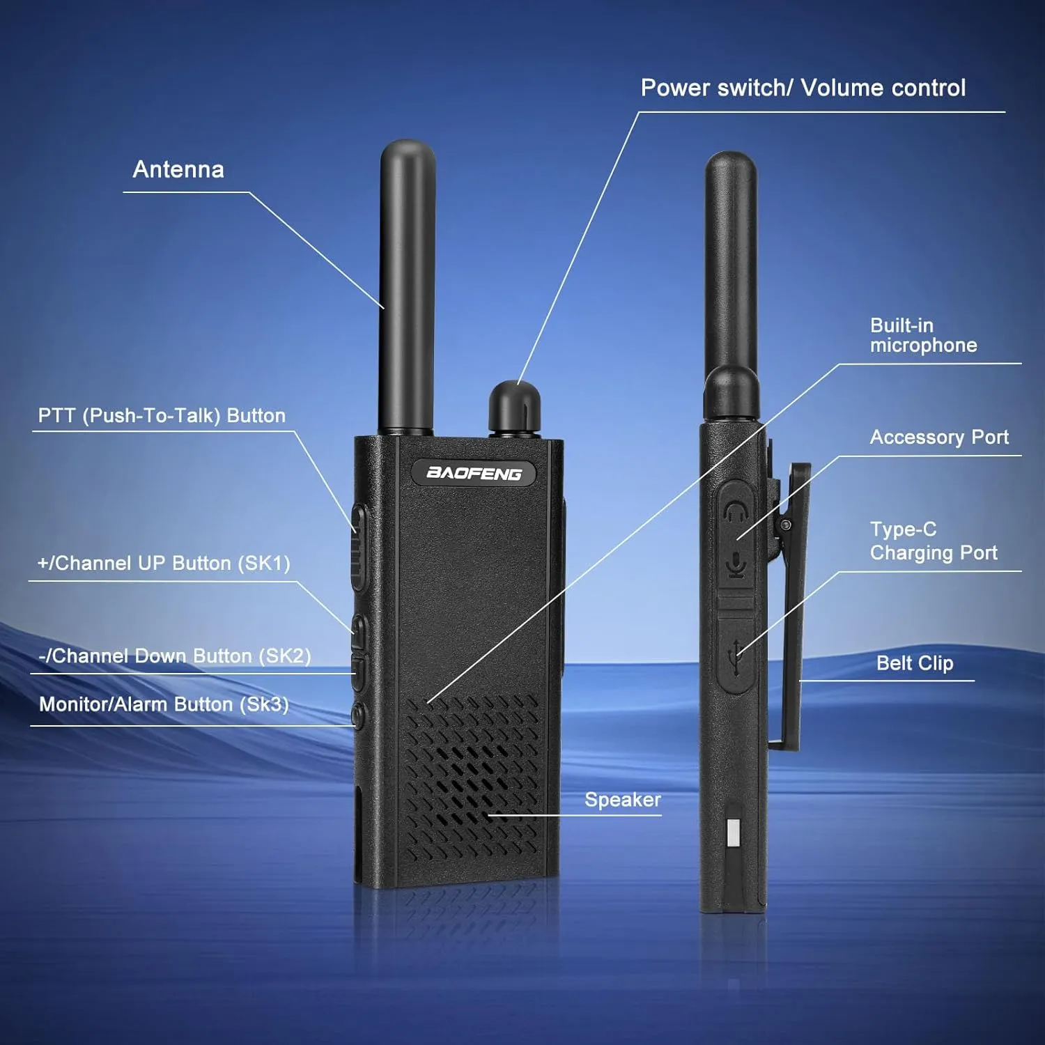 Baofeng T26 Walkie Talkies Long Range, Rechargeable Li-ion Battery 16 FRS Channel Two Way Radios with Earpieces for Adults, Handheld Mini Compact Walky Talky with Type-C Charging