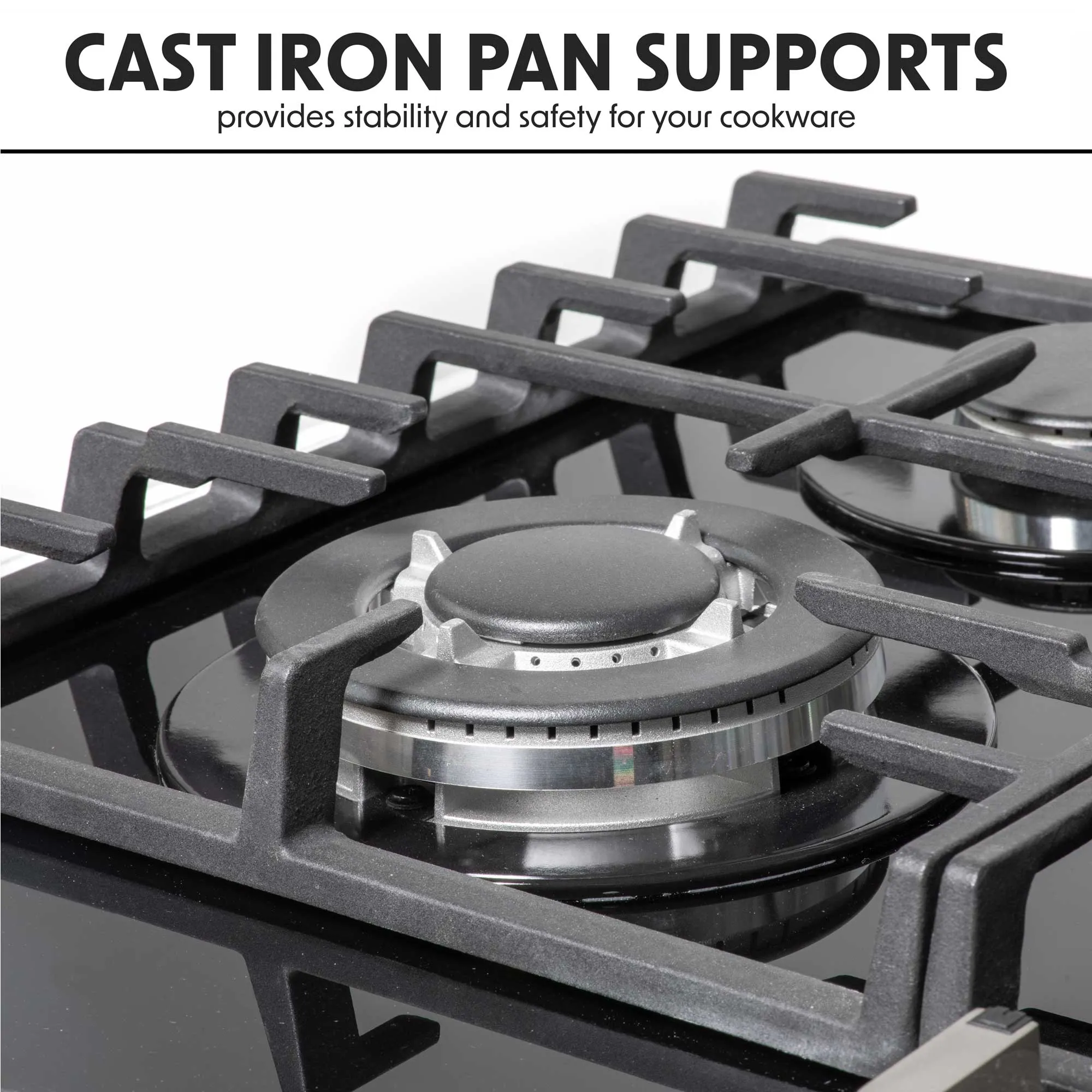 Baridi 60cm Gas on Glass Hob Built-In, 4 Burner and Cast Iron Pan Supports, Black Glass - DH226