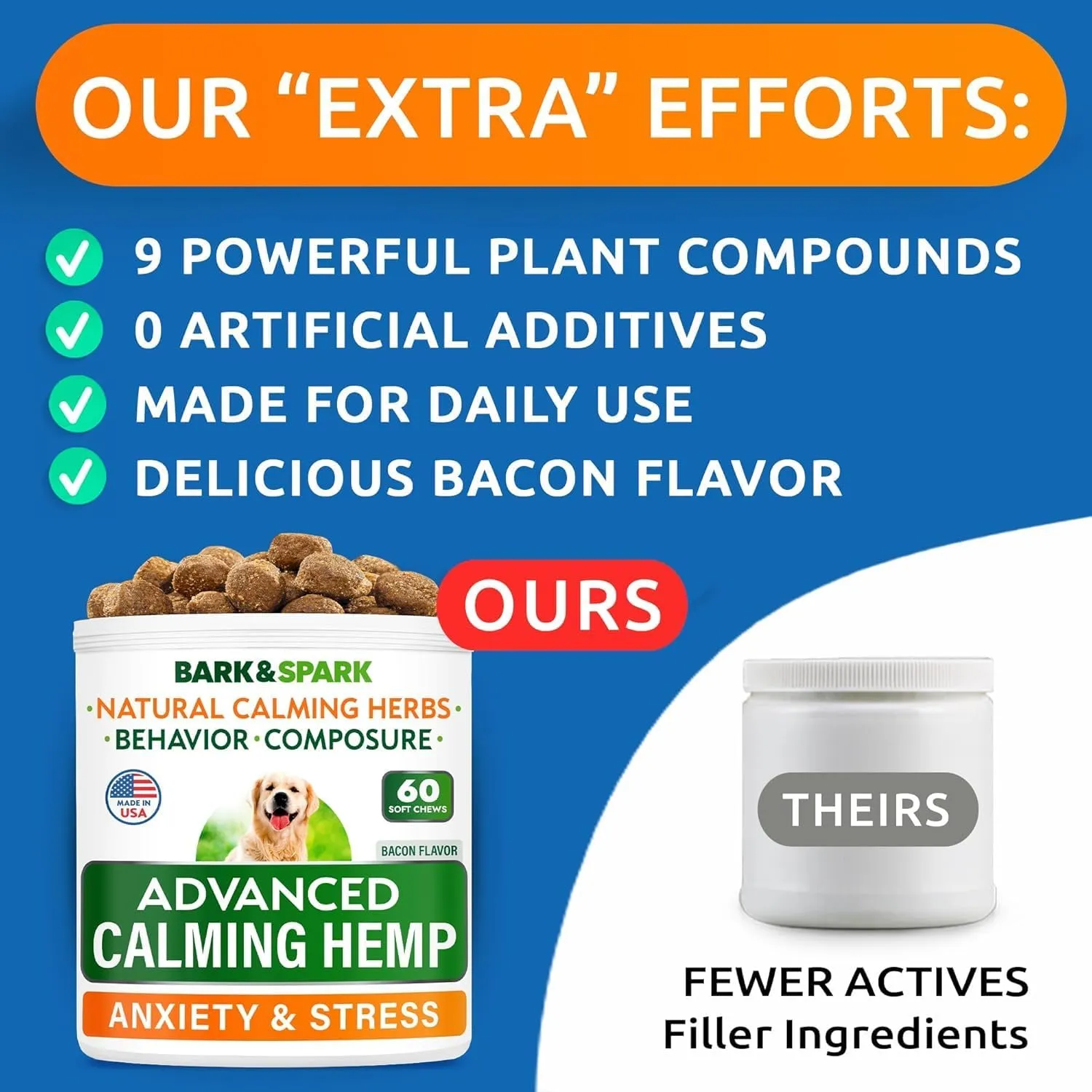 BARK&SPARK Advanced Calming Chews for Dogs - Hemp Chew   Melatonin - Anxiety Relief - Sleep Aid - Relaxing Treats - Stress Relief During Fireworks, Storms, Thunder, Barking - Made in USA - 60Ct