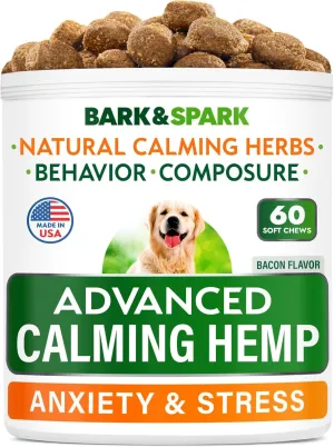 BARK&SPARK Advanced Calming Chews for Dogs - Hemp Chew   Melatonin - Anxiety Relief - Sleep Aid - Relaxing Treats - Stress Relief During Fireworks, Storms, Thunder, Barking - Made in USA - 60Ct