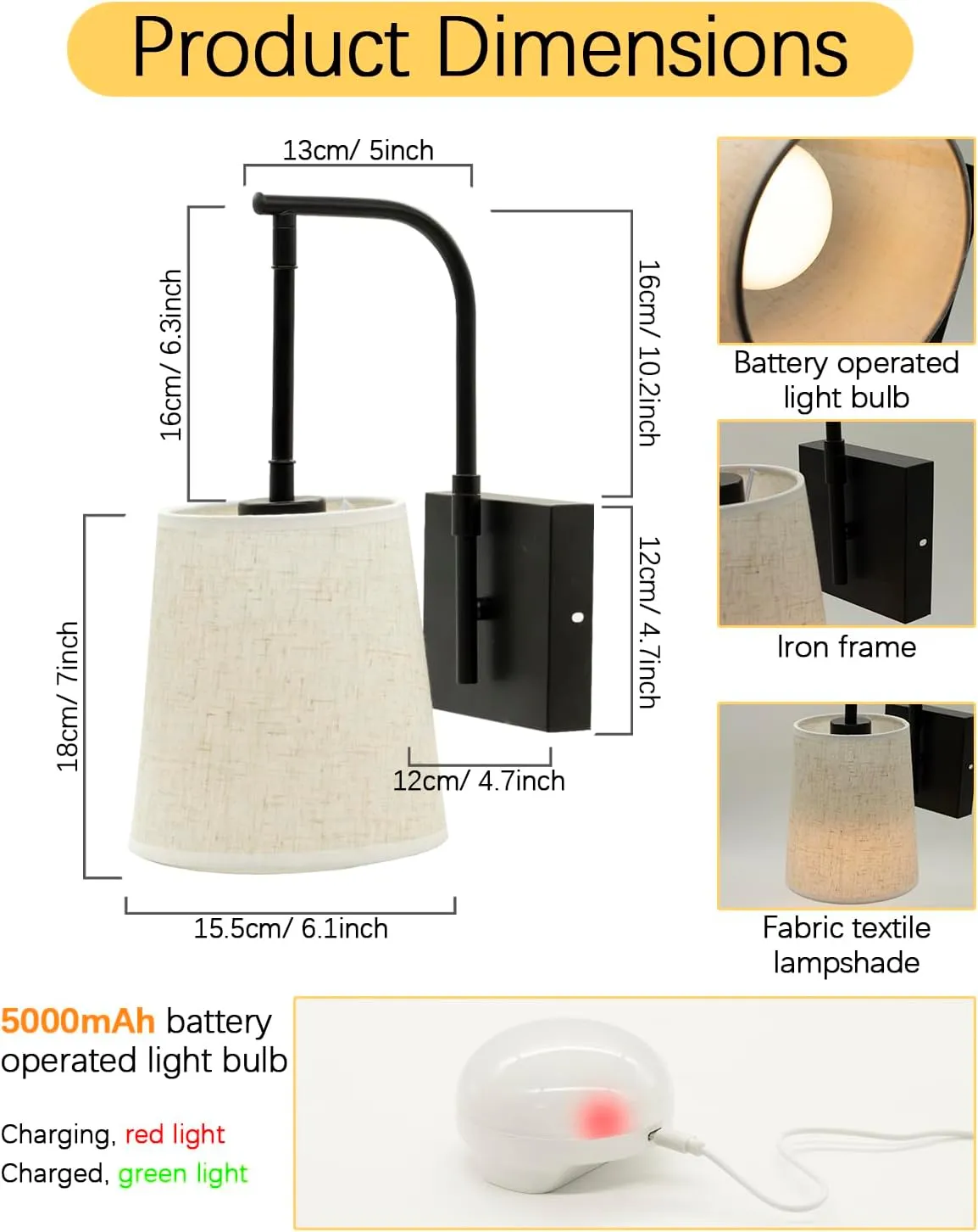 Battery Operated Wall Sconce Set of 2 with Remote Control, Rechargeable Dimmable 15 Color LED Wall Light, Not Wires Fabric Shade Light Fixture for Bathroom Living Room Mirror(Black)